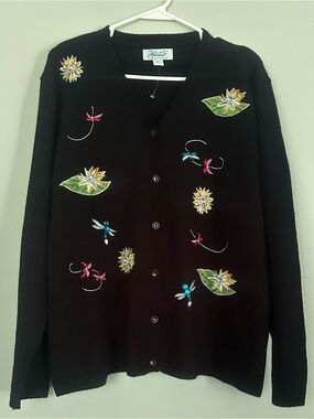 Haband Black Button Front
Cardigan with Floral and Dragonfly Embellishments